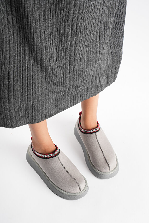Women's Gray Suede Fur Lined Orthopedic Daily Thick Soled Winter House Slippers