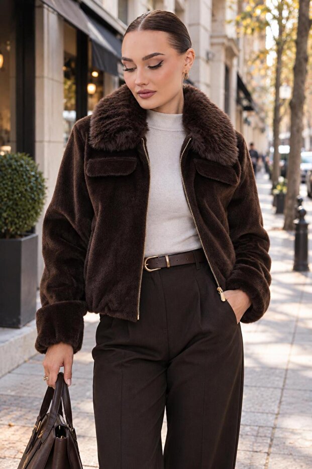Women's Fur Collar Zipper Closure Plush Coat 265332 -