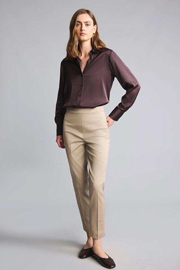 J8743Azbn229 Brown Cigarette Regular Waist Straight Leg Satin Light Brown Trousers