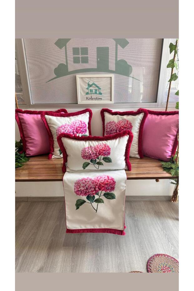 6-Piece-H1206 Fuchsia Hydrangea Floral Cushion Cover and Runner Combination with Tasseled Edges