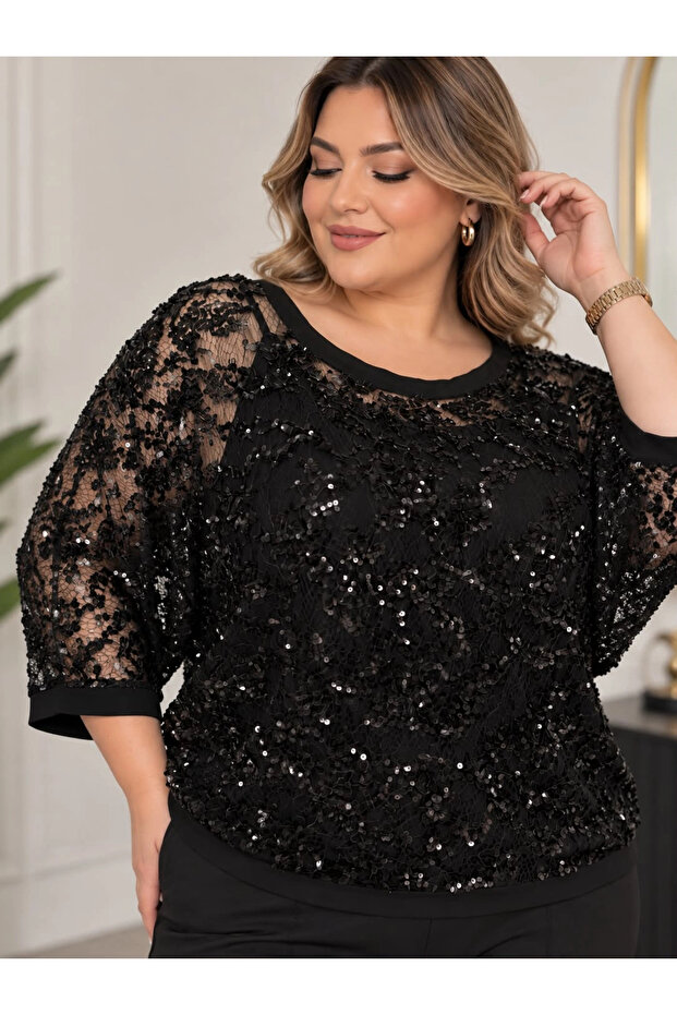 Women's Plus Size Sequined Lace Blouse + Undershirt Adjustable Strap Evening Dress Blouse Bat Sleeve - 44483