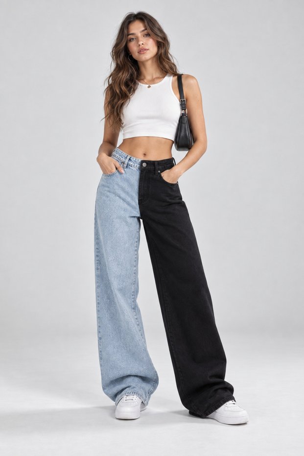 Ice Snow Black Two-Tone Wide Leg Jeans