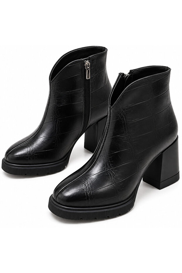 Women's Croco Patterned Block Heeled Boots – Stylish and Modern Ankle Boots