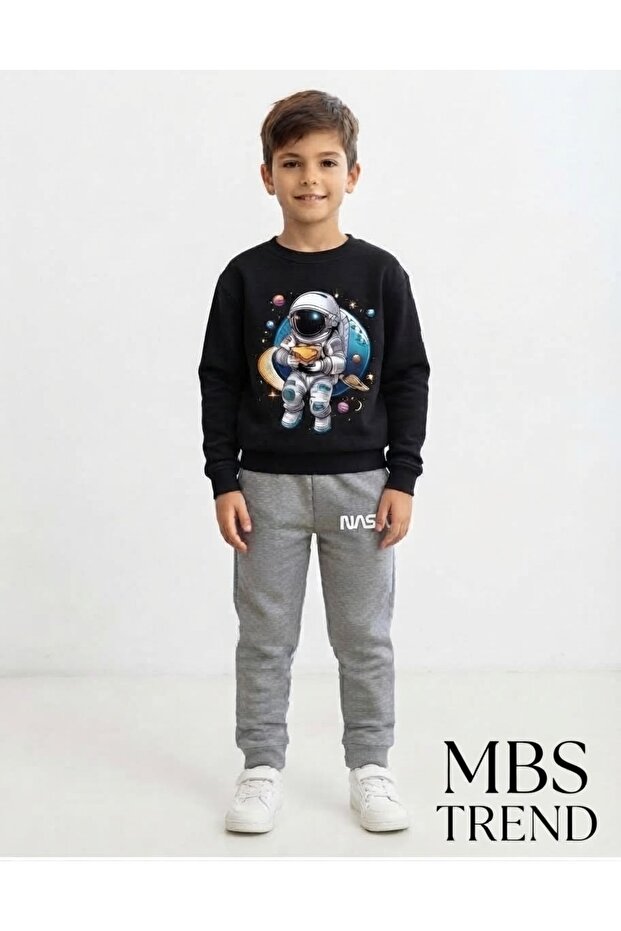 Winter Boys' Black Space-Themed Astronaut Printed Two-Yarn Tracksuit Set