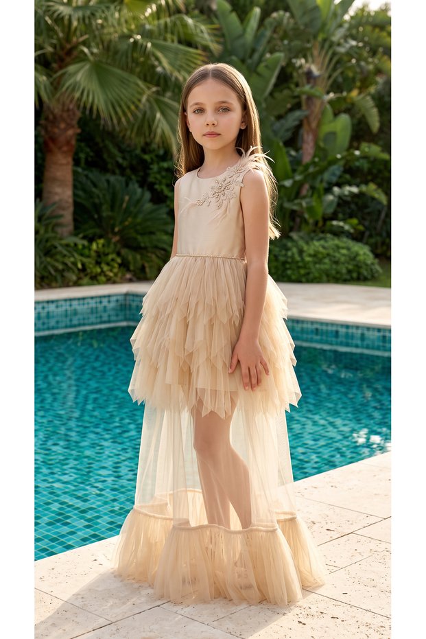 Girl's Long Swan Cut Tulle Skirt, Shoulder Lace and Feather Embellishments, Bow Evening Dress for 8-12 Years Old Birthday, Special Occasion