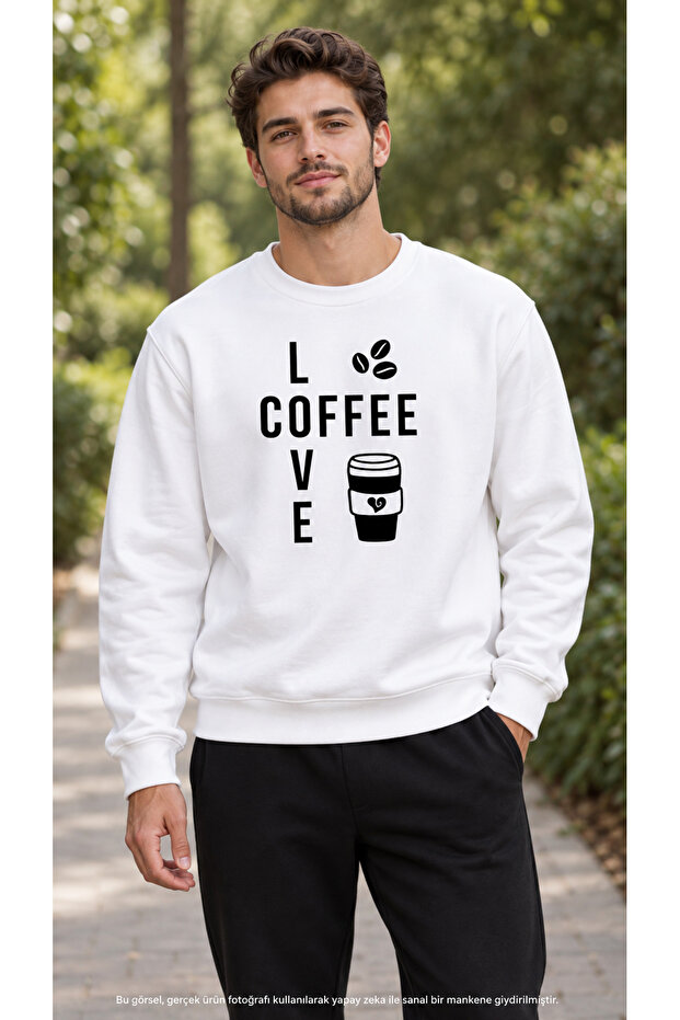 Men's Coffee Beans and Cups Illustration Printed Crew Neck Casual Regular Fit Sweatshirt