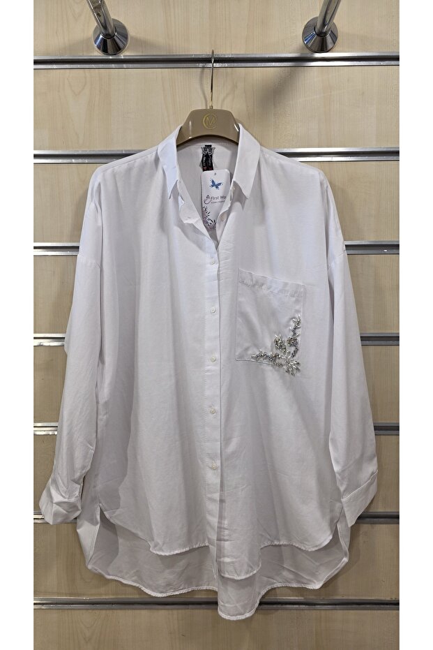 Women's White Shirt with Wide Cut Pockets and Bead Embroidery