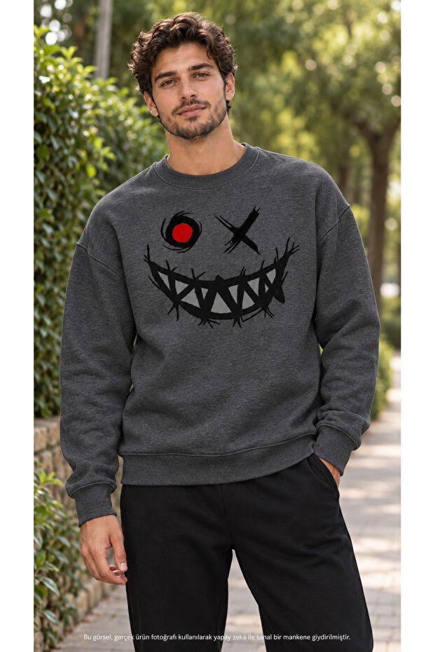 Men's Graffiti Smiley Face Printed Crew Neck Casual Regular Fit Sweatshirt