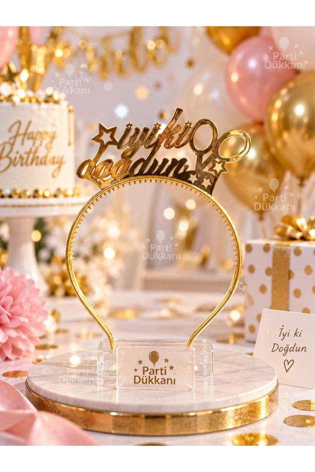 Happy Birthday Gold Mika Crown – Birthday Party Crown with Balloon and Star Detail