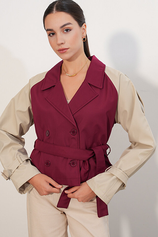 Women's Belted Short Trench Coat 5970 - D. Burgundy