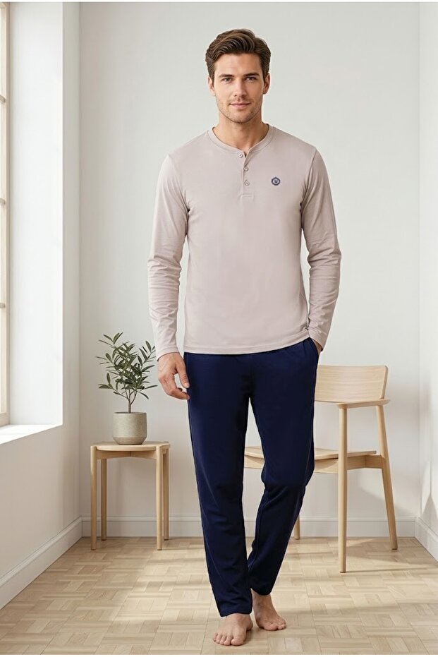 Men's stone color 100% cotton pajama set, buttoned bicycle collar long sleeve with pocket detail