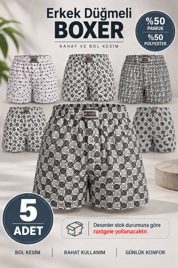 Men's Buttoned Boxer 50% Cotton 50% Polyester (Seher Authorized Seller) Patterned Boxer - 5 Pieces