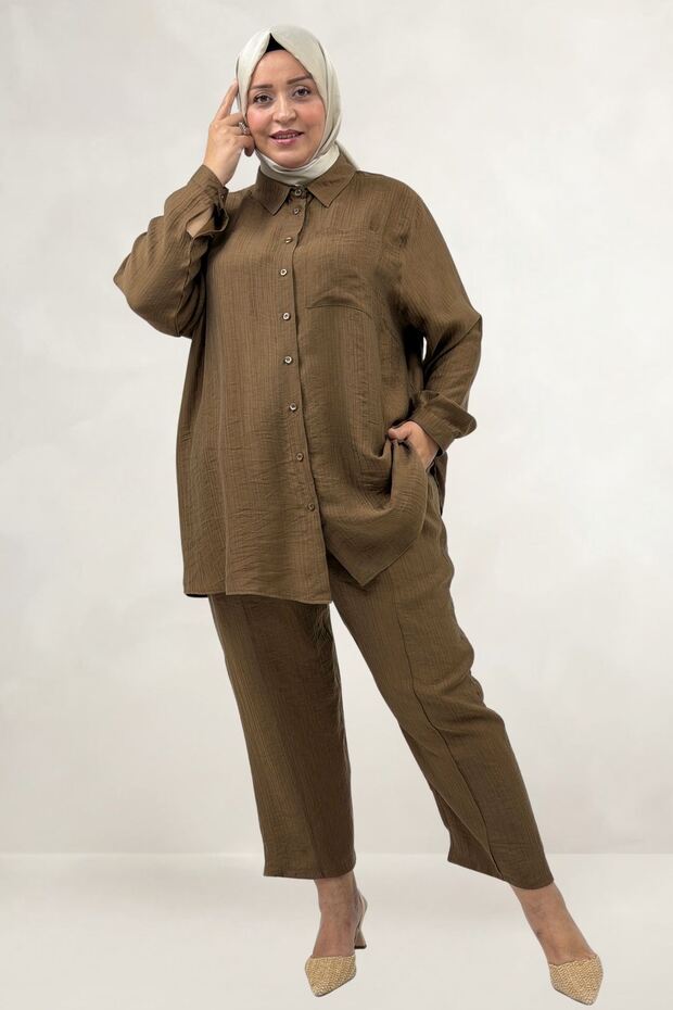 67068 Large Size Men's Collared Double Liyosell Trouser Suit - Brown