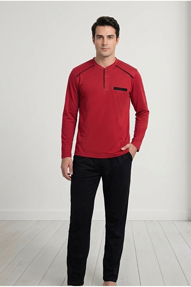 Men's Red 100% Cotton Combed Cotton Pajama Set, 3 Buttons, Crew Neck, Long Sleeve, Pocket Detail