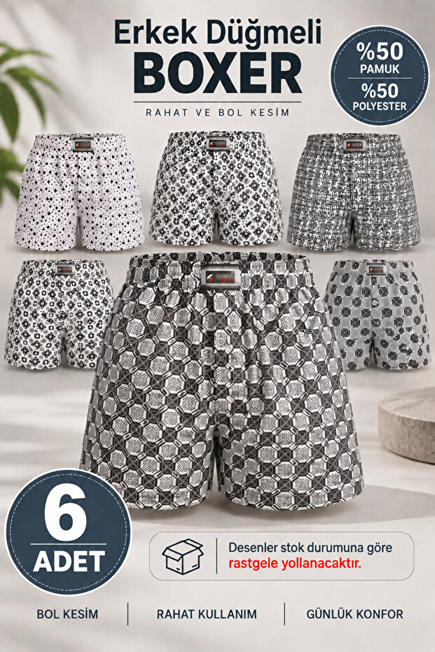 Men's Buttoned Boxer 50% Cotton 50% Polyester (Seher Authorized Seller) Patterned Boxer - 6 Pieces