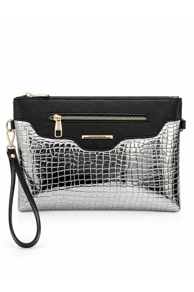 Women's Faux Leather Adjustable Crossbody and Hand Strap Portfolio, Clutch Bag S-1360 Silver