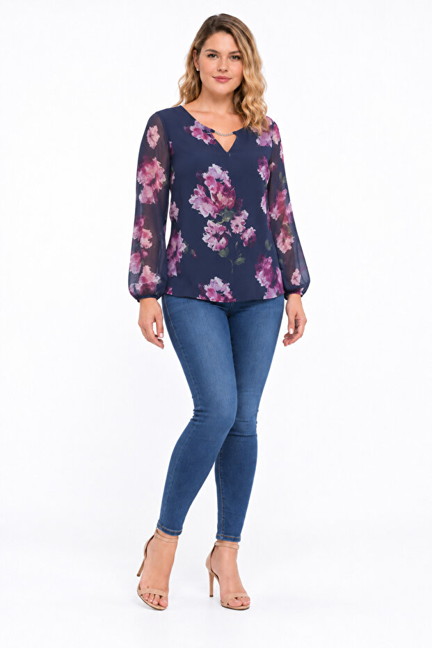 Women's Plus Size, Navy Blue, Collar Detailed, Floral Pattern Lined Chiffon Blouse 65N39628