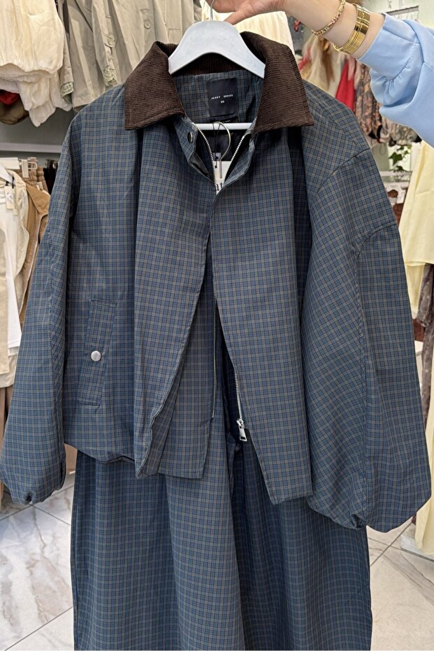 Petrol Blue, Velvet Collar, Checked Bomber Jacket Per9766