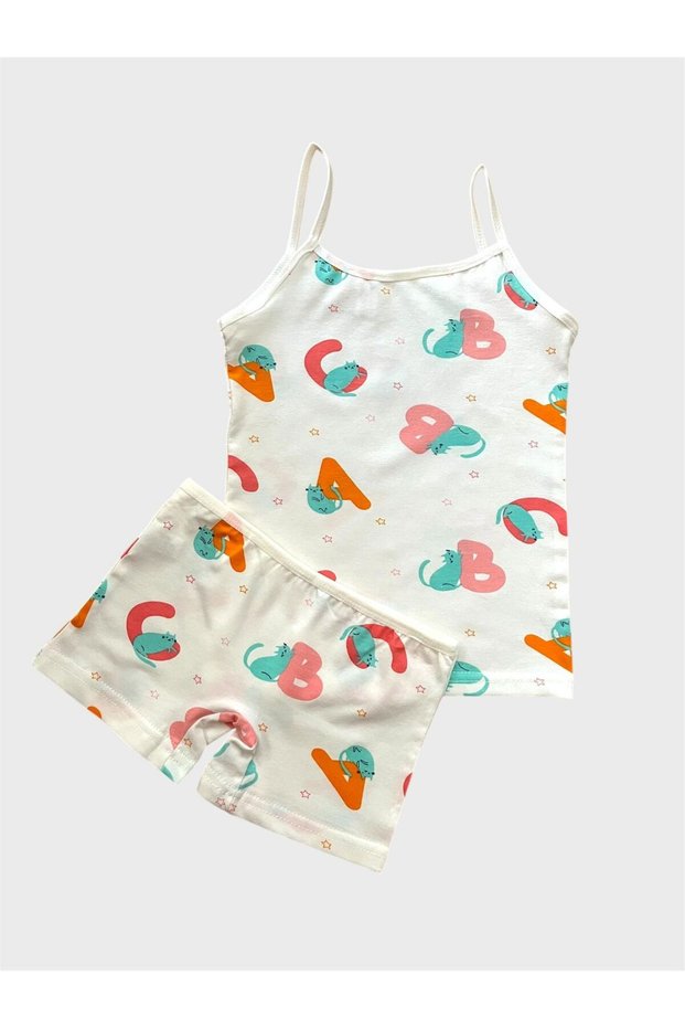 Girl's Cotton White Letter Patterned Tank Top Boxer Set