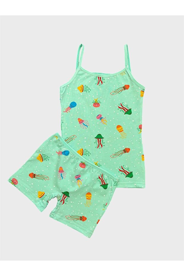 Girl's Cotton Green Jellyfish Patterned Athlete Boxer Set