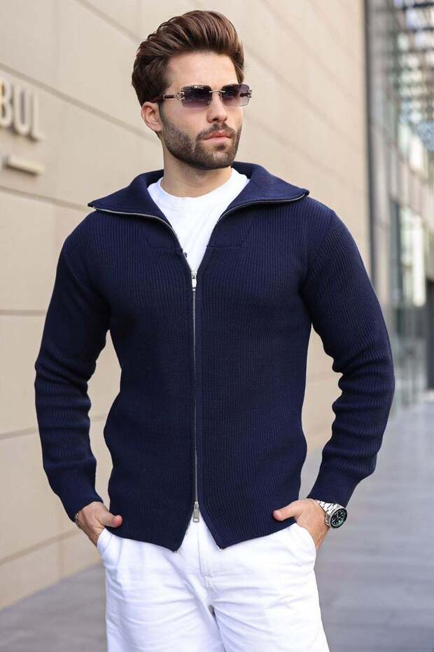 Navy Blue Zippered Stand Collar Men's Knitwear Cardigan E7529
