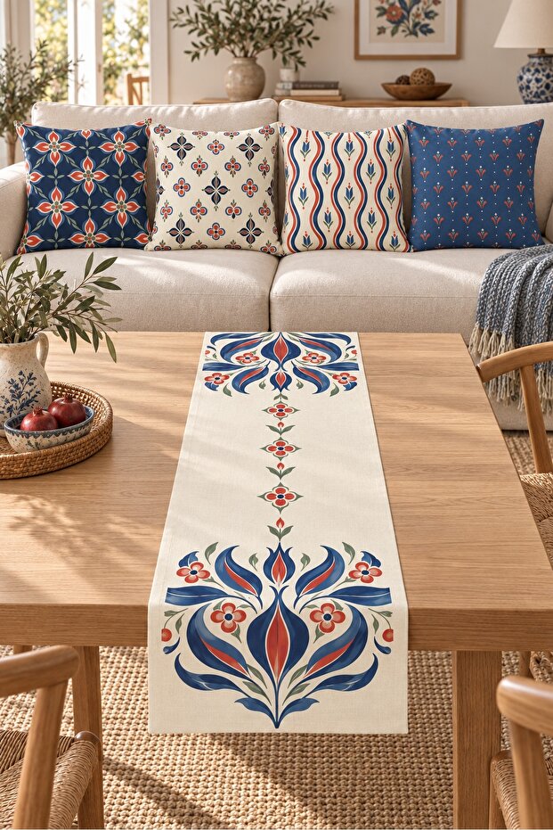 Navy Blue Orange Tulip Ethnic Patterned 4 Throw Pillow Covers 1 Runner 5 Piece Set