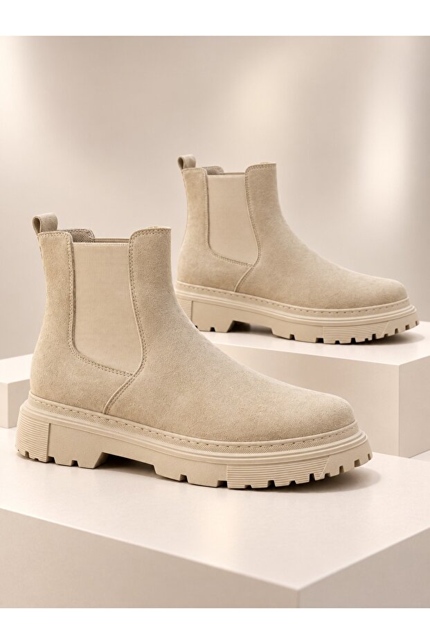 Baytuluk Bt-C7 Beige Suede Beige High Sole Chelsea Casual Men's Boots