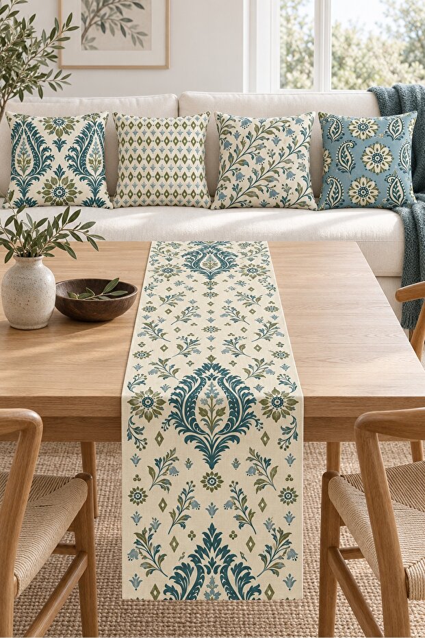 Petrol Beige Damask Geometric Patterned 4 Throw Pillow Covers 1 Runner 5 Piece Set