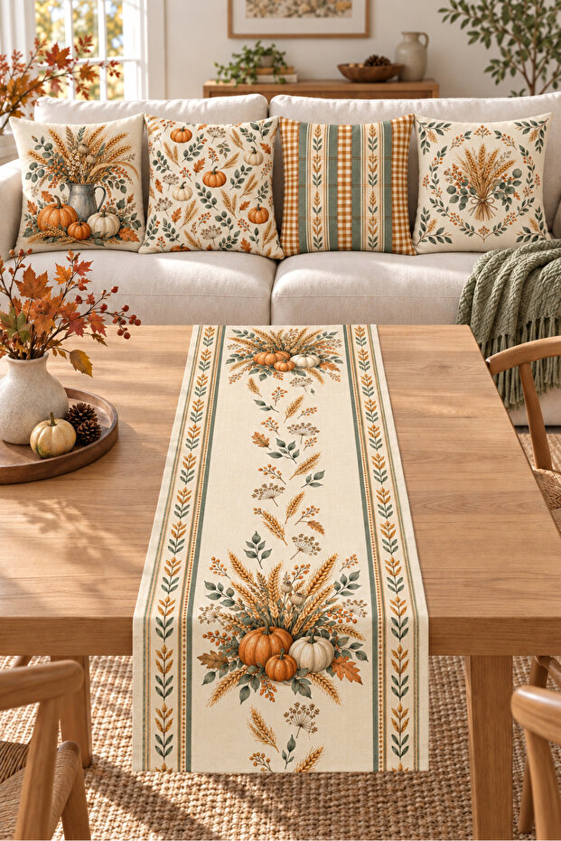 Mustard Petrol Pumpkin Leaf Patterned 4 Throw Pillow Covers 1 Runner 5 Piece Set