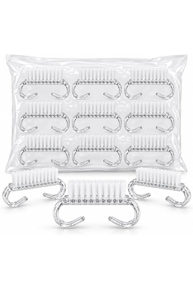 Multi functional 12pcs clear plastic nail brush designed with an ergonomic handle grip for scrubbing and removing dust or dead skin during manicures and pedicures