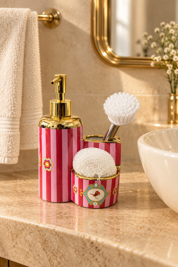 Hürrem Love Birds Porcelain Soap Dish Set – (Gift Metal Handle Brush and White Sponge), Gold Pump Kitchen-Bathroom Organizer, 20 X 13.5 Cm-450 ml