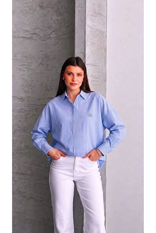 Lcs Blue Striped Embroidered Oversize Cotton Shirt