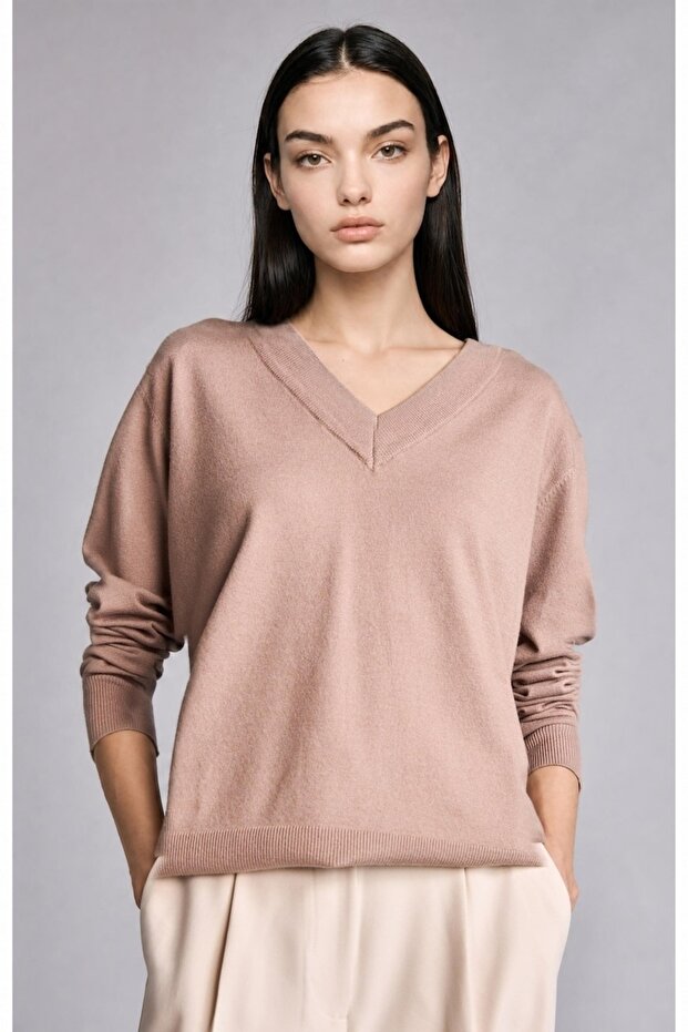 Ultra Soft Relax Fit V-Neck Beige Sweater C4024Ax26Wn