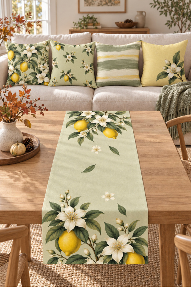 Sage Yellow Lemon Flower Patterned 4 Pillow Covers 1 Runner 5 Piece Set