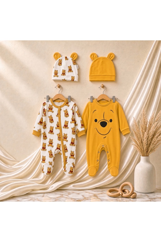 Baby 2-Piece Teddy Bear Patterned Jumpsuit Set, 100% Cotton, Long Sleeves with Hat