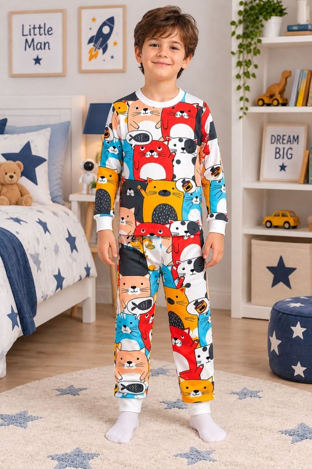 Boy's 100% Cotton Colorful Cat Patterned Long Sleeve Crew Neck Pajama Set