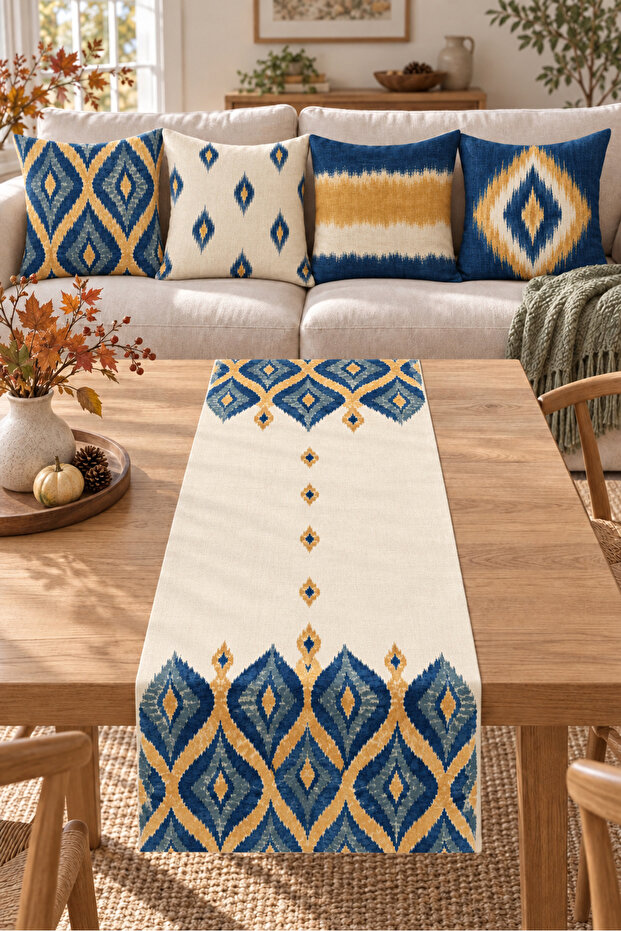 Navy Blue Mustard Ikat Geometric Patterned 4 Throw Pillow Covers 1 Runner 5 Piece Set