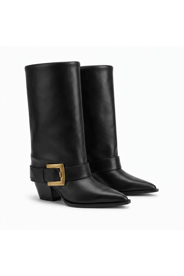 Women's Buckle-Strapped Below-Knee Boots Pointed Toe Thick Heeled Casual Stylish Boots