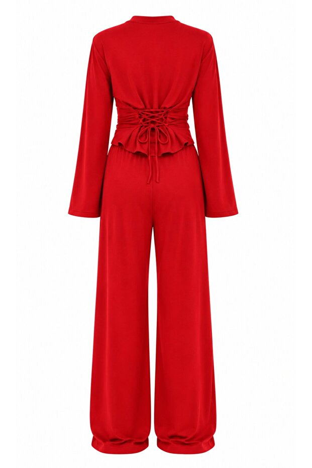 Red Back-Tie Padded Blouse and Trousers Set - 5165
