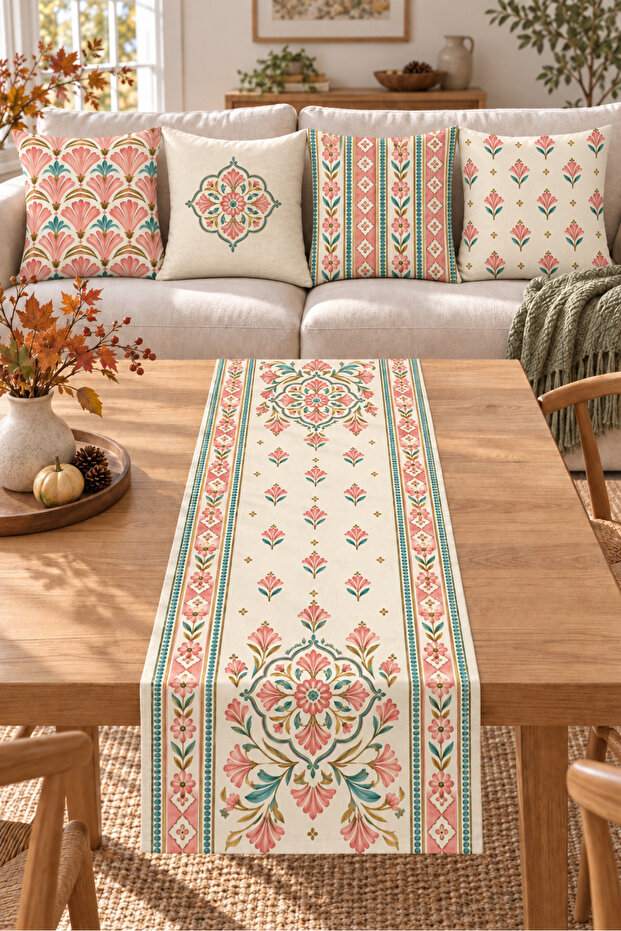 Salmon Mint Ethnic Floral Patterned 4 Throw Pillow Covers 1 Runner 5 Piece Set