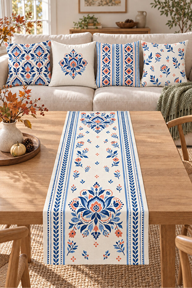 Blue Orange Ethnic Tile Pattern 4 Pillow Covers 1 Runner 5 Piece Set