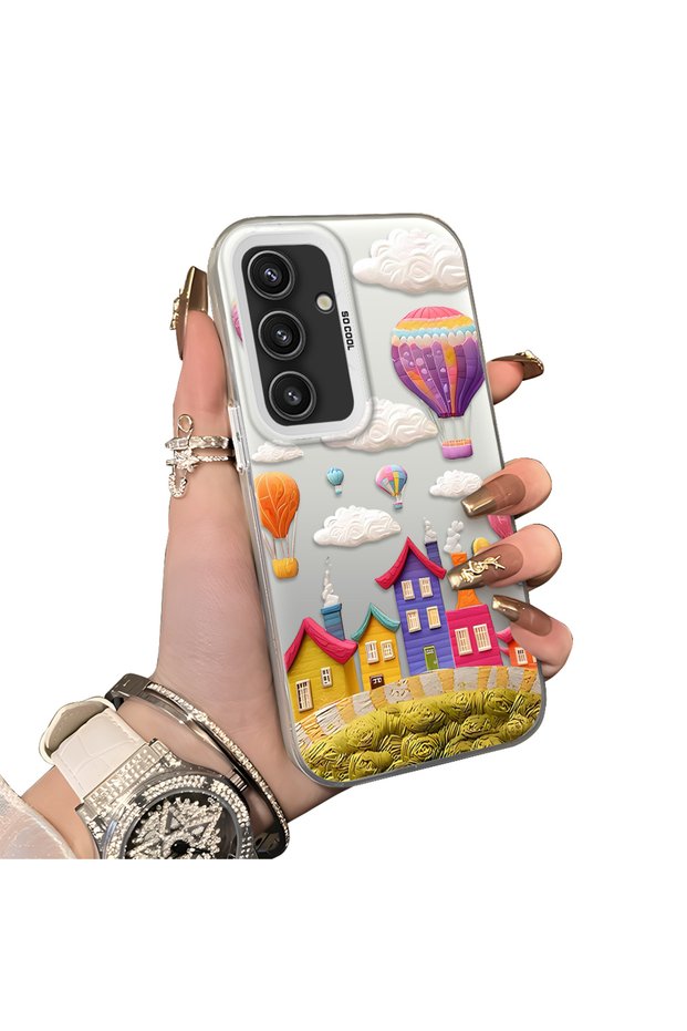 Samsung Galaxy S25 Compatible Silicone Edge Hard Back Case Balloon Patterned Couple Phone Case
