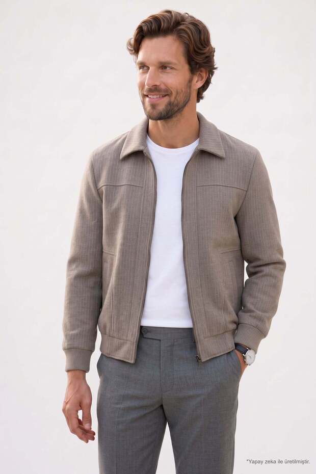 Men's Relax Fit Comfortable Cut Classic Collar Patterned Ribbed Zipper Lined Pocketed Mink Cashmere Coat
