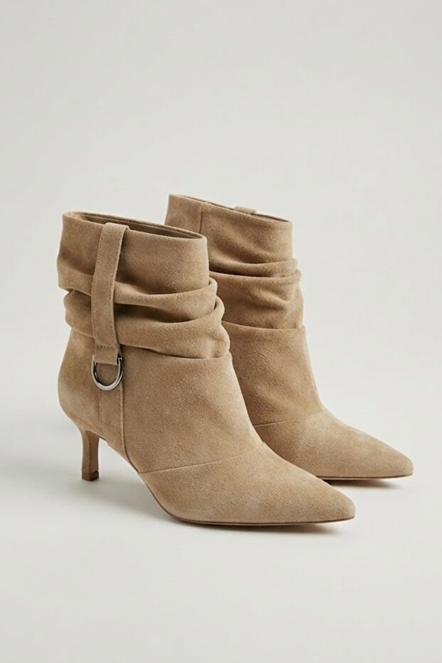 Shape Slouchy Drawstring Wide Ankle Side Belt Detailed Short Heeled Pointed Toe Women's Boots Bootie