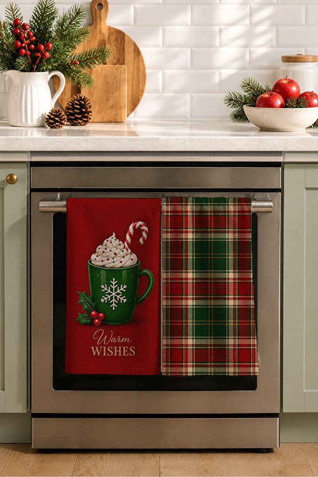 Tartan Cocoa Club Hot Chocolate Red Green Plaid Christmas Patterned 2-Piece Kitchen Towel Set 35X55