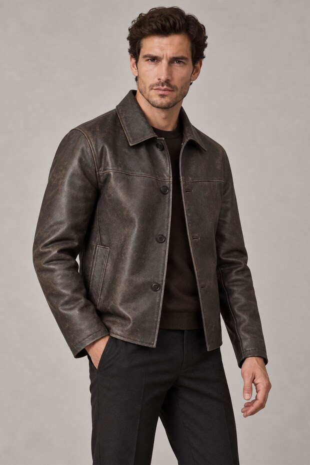Brown Men's Vintage Vintage Genuine Leather Coat