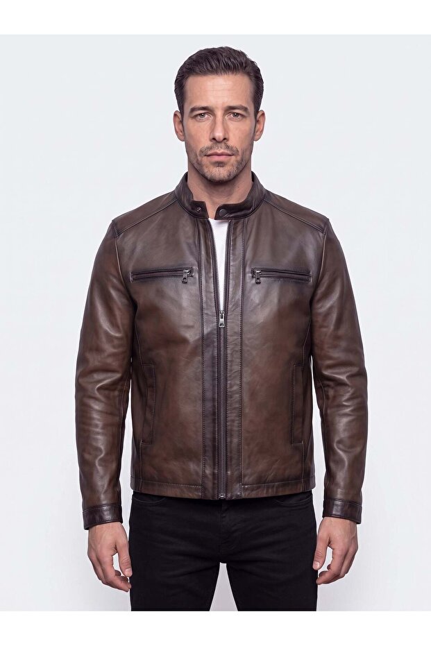 Genuine Leather Brown Men's Jacket with Side and Front Pockets