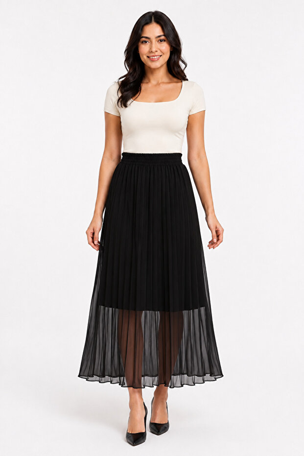 Women's Elastic Waist Lined Long Pleated Chiffon Skirt - Black