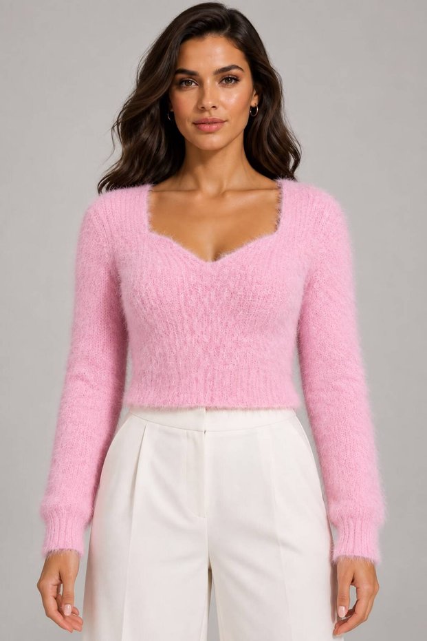 Women's V-Neck Long Furry Bearded Knitwear Crop Sweater