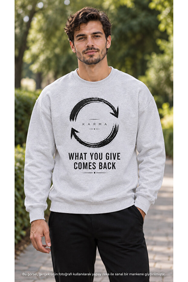 Men's Circular Arrow Symbol and Mixed Text Printed Crew Neck Casual Regular Fit Sweatshirt